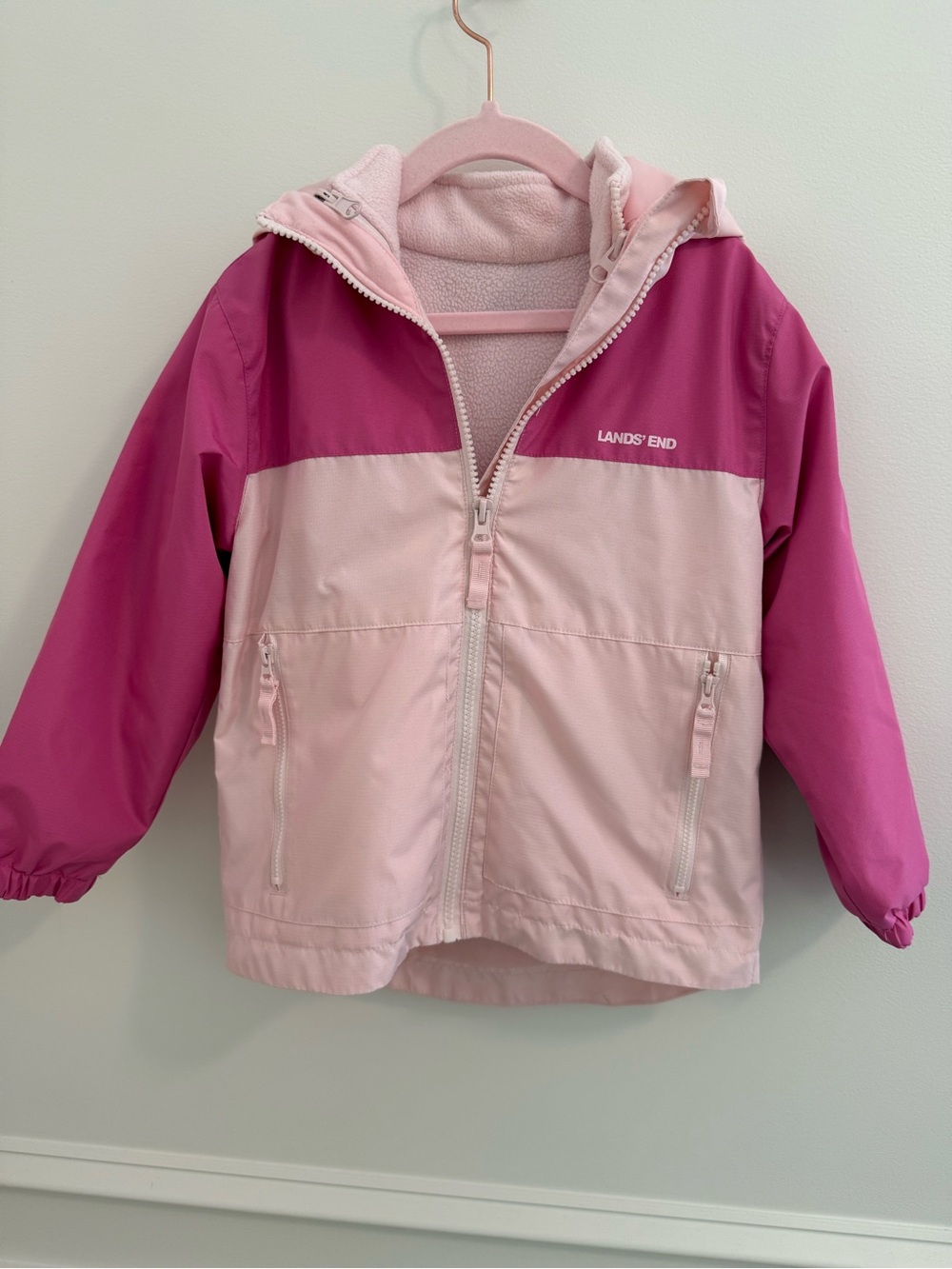Girls Size 5 Lands' End Two-Tone Pink Hooded Jacket